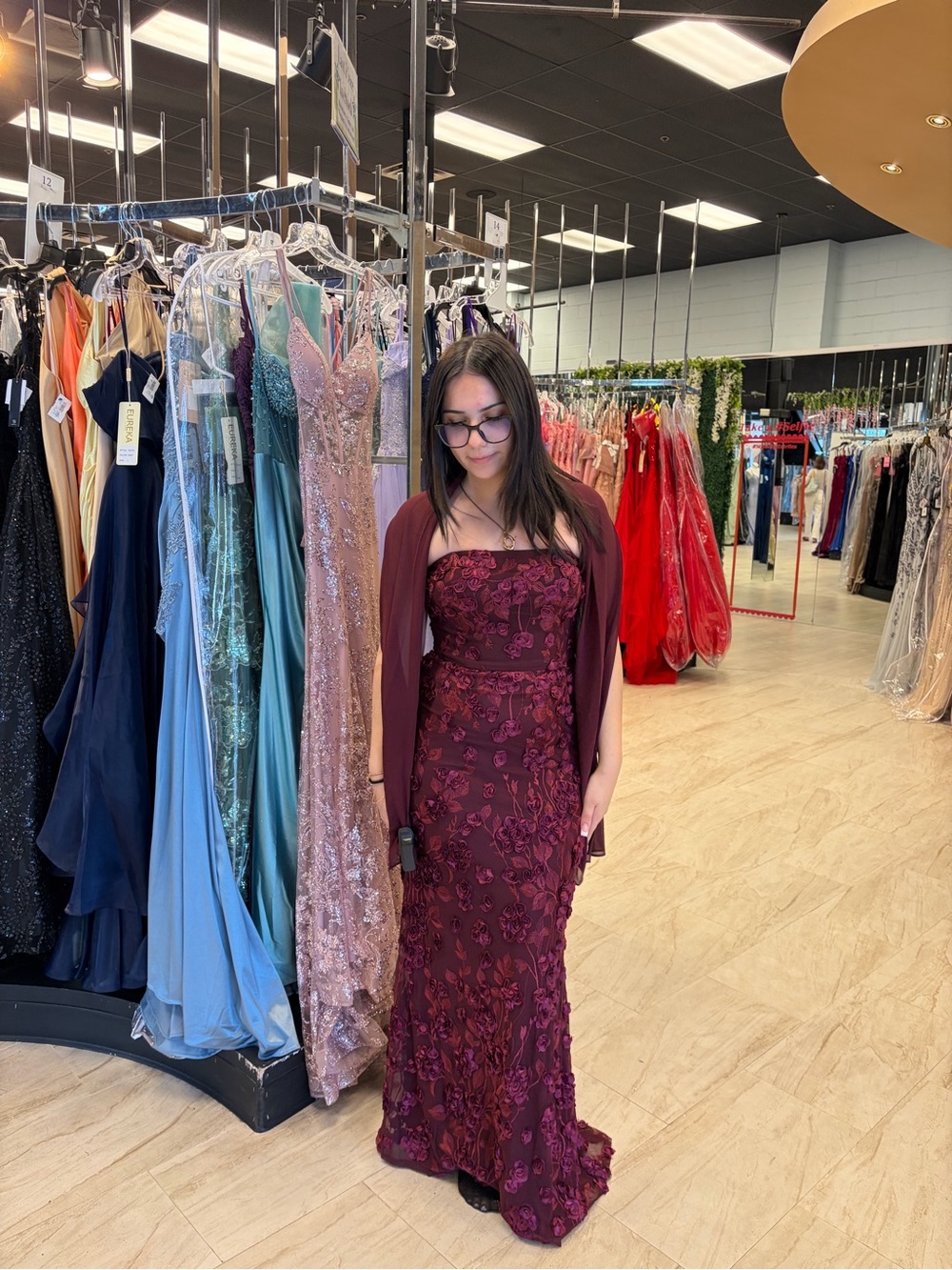 Xscape Strapless Burgundy Lace Evening Gowns